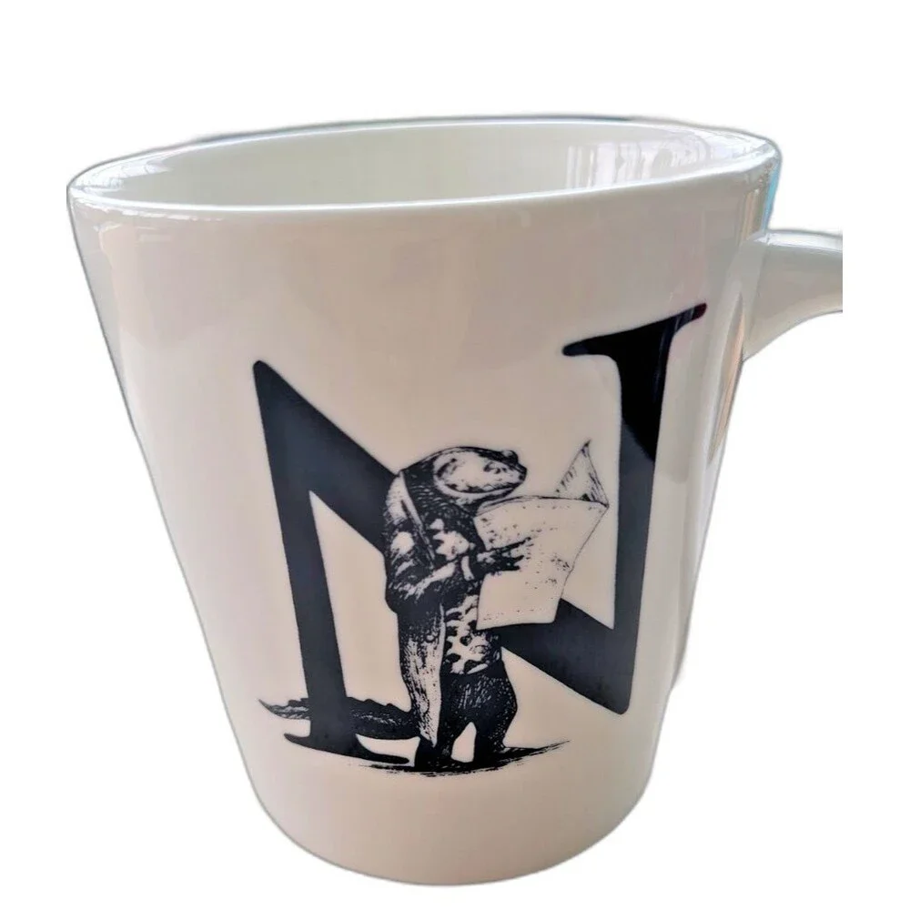 Williams Sonoma Rory Dobner Monogram Initial N NEWT With NEWSPAPER Coffee Mug